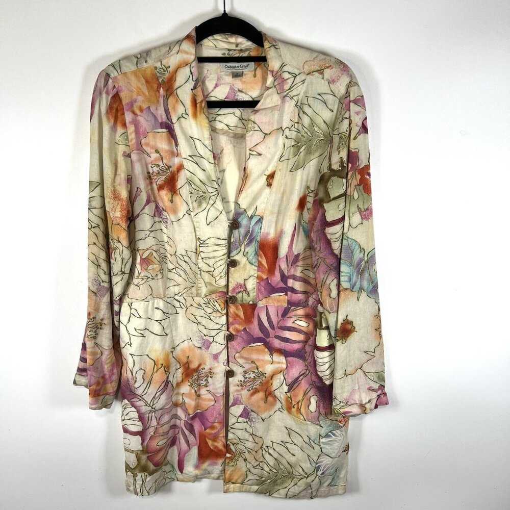 Coldwater Creek Linen Blend Floral Button Up Tunic Size M Boho Colorful Tropical